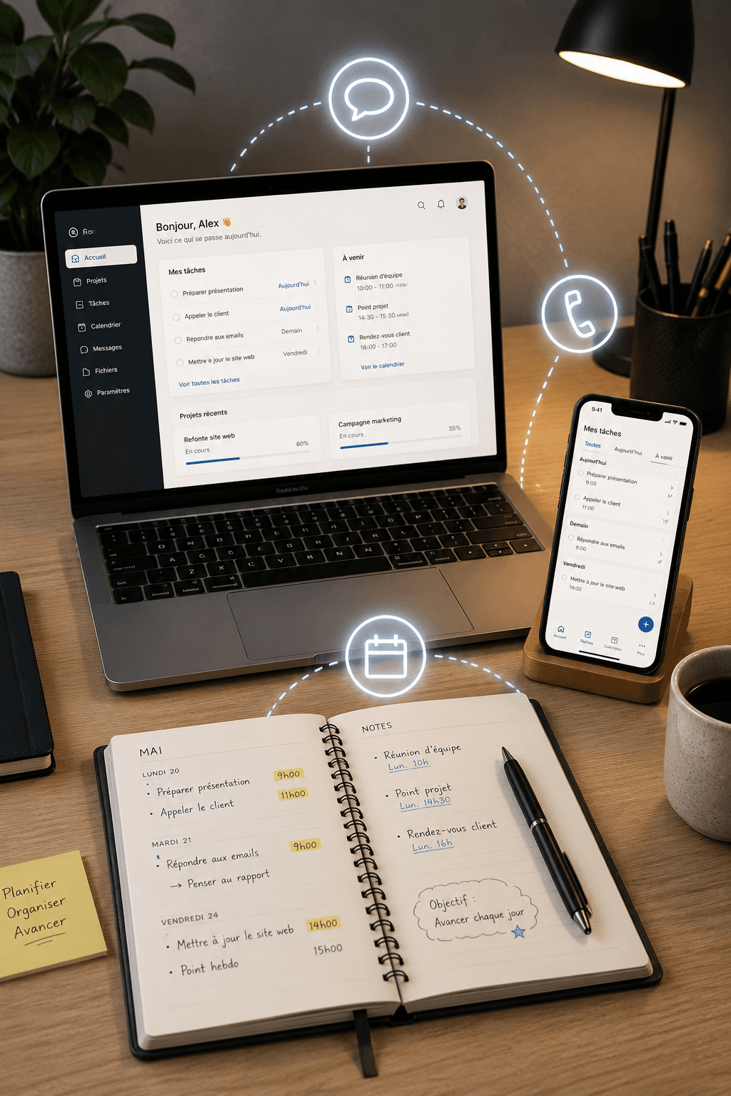 Ordinateur, téléphone et carnet reliés entre eux
